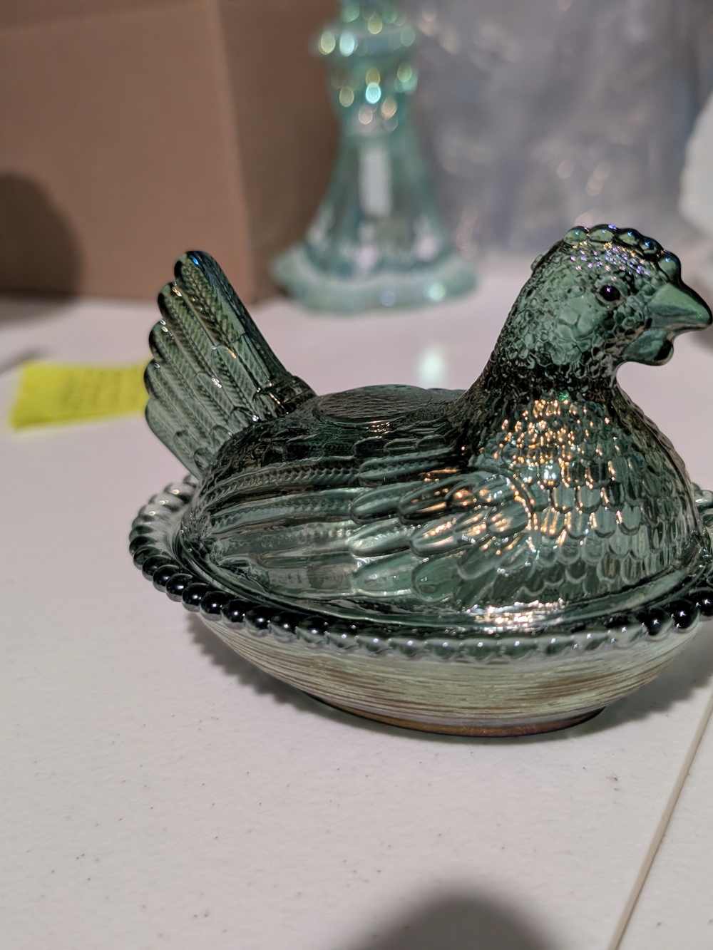 Glass Hen Covered Dish - iridescent head on a nest  5 ½ in 4 ½inches